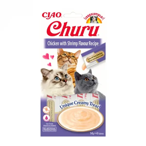 Recompense pentru pisici Inaba Ciao Churu, Piure, Pui si creveti, 4 x 14g