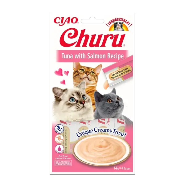 Recompense pentru pisici Inaba Ciao Churu, Piure, Somon si ton, 4 x 14g