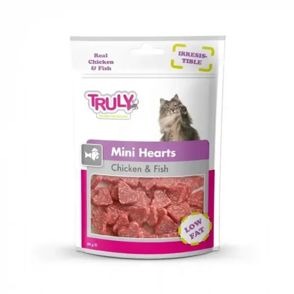 Recompense pentru pisici, Truly, mini inimi cu pui si peste, Low fat, 50g