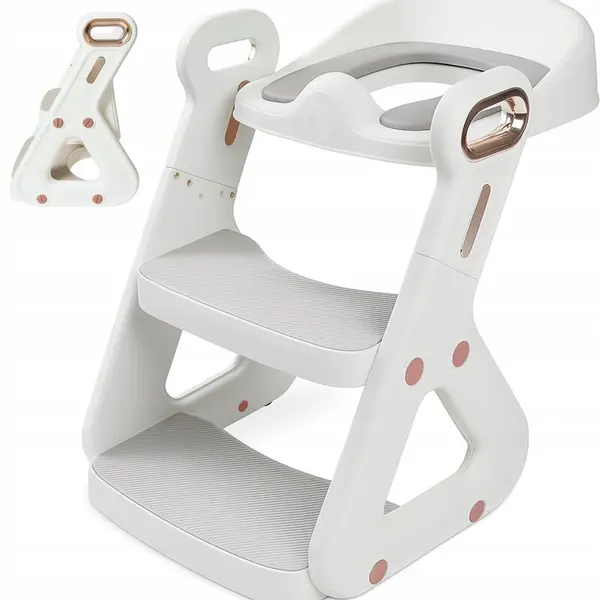 Reductor cu scarita, Primabobo, Pentru toaleta, Reglabil pe inaltime 37-44 cm, Trepte largi, Sarcina maxima 25 kg, Alb/Auriu