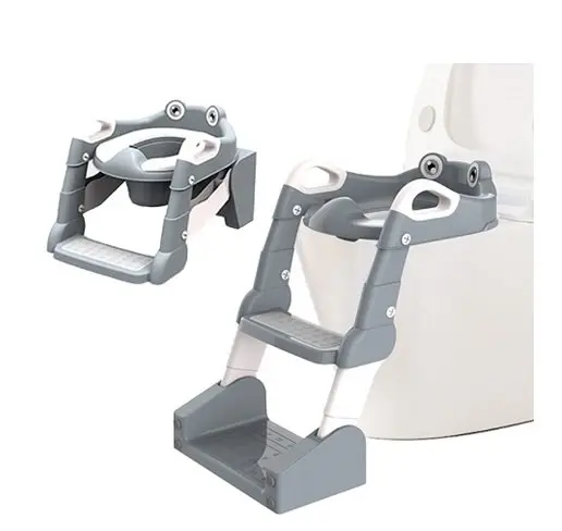 Reductor pentru copii Little Mom Grey multifunctional 2 in 1, pliabil, colac din PVC, cu recipient colector si manere de sustinere, dimensiuni 58x47x32.5 cm