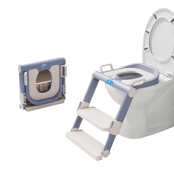 Reductor toaleta Little Mom WhiteGreyPurple pliabil, cu scara, colac moale din spuma, protectie antistropire, reglabil pe inaltime, manere si suport lat pentru picioare