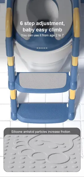 Reductor toaleta pentru copii, Little Mom Blue, pliabil, ergonomic, cu sezut din PVC, manere de sustinere, scara cu inaltime reglabila, suprafata antiderapanta, dimensiuni 34x44x34 cm
