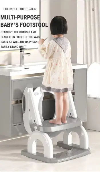 Reductor WC copii cu scarita 2 in 1 Little Mom Grey Teddy, pliabil cu colac moale detasabil, suport lat pentru picioare, manere ergonomice si protectie antistropire, inaltime reglabila, compatibilitate universala