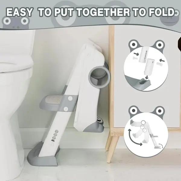 Reductor WC copii Little Mom Grey Frog, pliabil, cu colac detasabil moale din PU, inaltime reglabila pe 5 nivele, manere ergonomice si protectie antistropire, compatibilitate universala, baza antiderapanta
