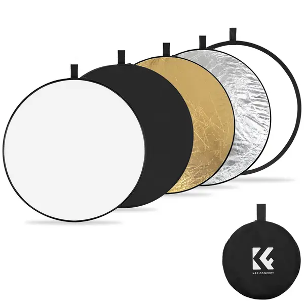 Reflector Foto 5-in-1 K&F Concept, Rotund, 80 cm, Pliabil, cu Panouri Aurii, Argintii, Albe, Negre si Translucide