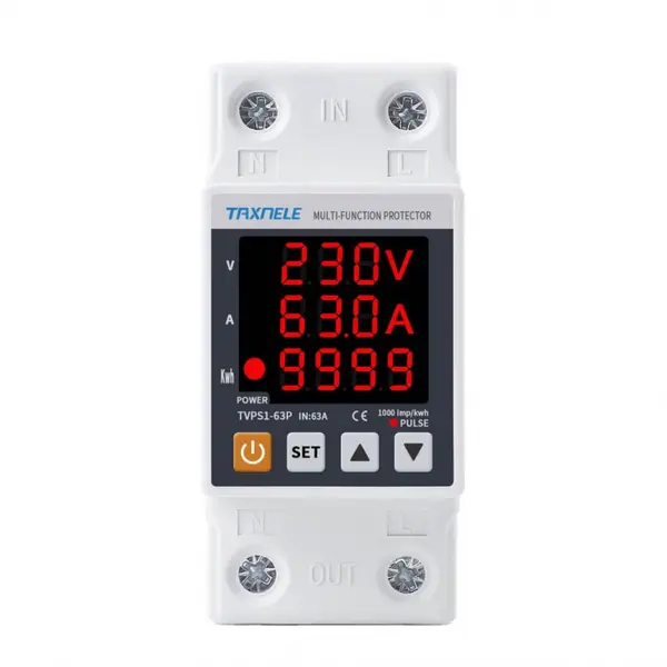 Releu de protectie la tensiune si curent cu monitorizare consum, 220V 63A, TAXNELE TVPS1-63P
