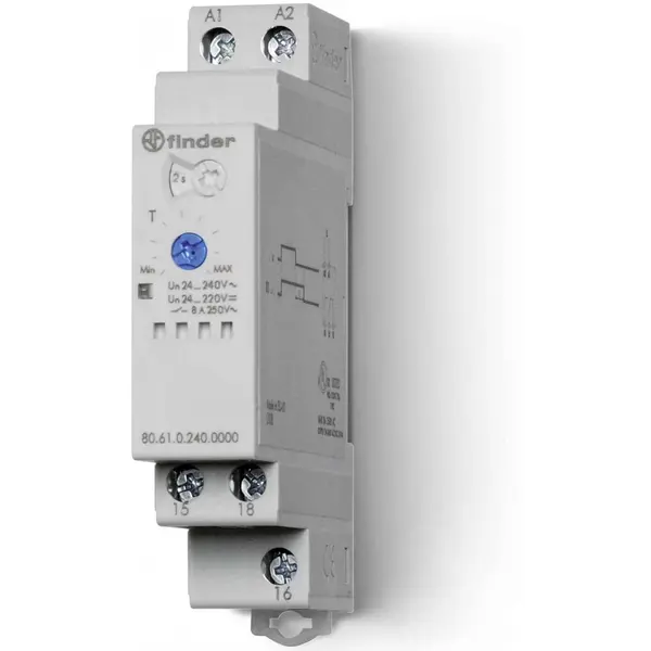 Releu de timp modular multi-tensiune, cu o singura functie de intarziere la declansare 24-230VAC, 8A, 1CO Finder 80.61.0.240.0000