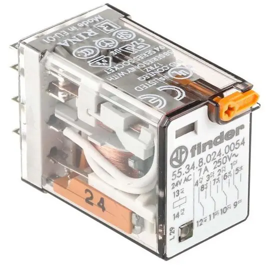 Releu de uz general 7A, buton de test blocabil + LED (C.A.) + indicator mecanic Finder 55.34.8.024.0054