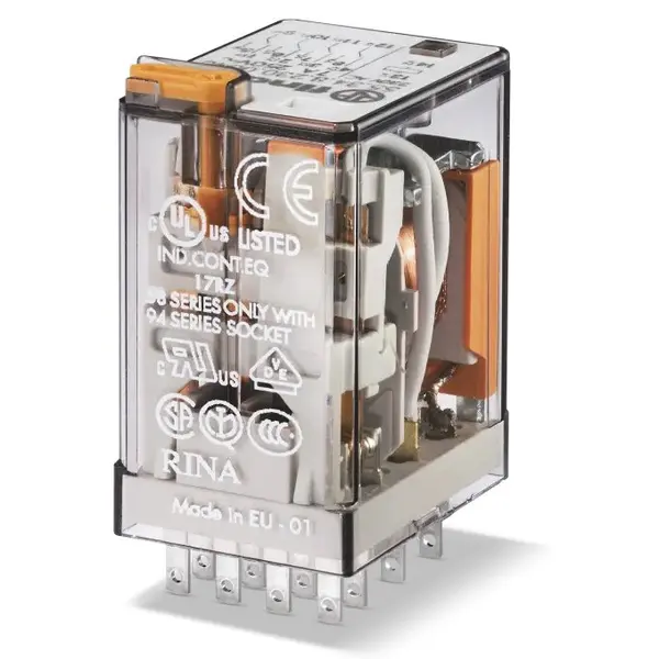 Releu industrial miniaturizat, fisabil, alimentare 24VC.A., 4CO, 7A, AgNi, cu buton de proba blocabil Finder 55.34.8.024.0040