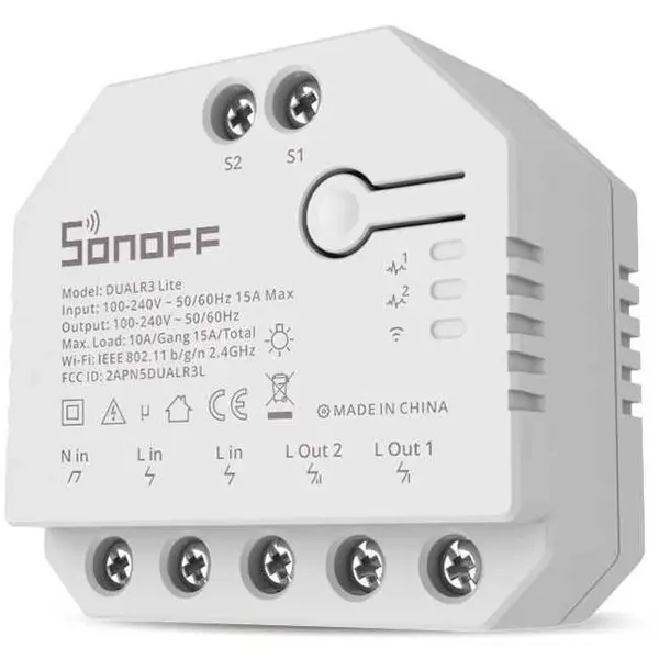 Releu inteligent Sonoff Dual R3 Lite , Wireless, 2 canale, Alb 6920075776966
