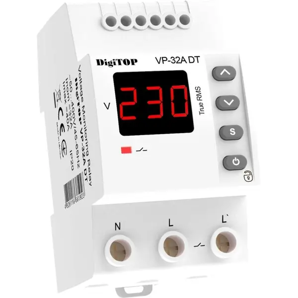 Releu protectie tensiune monofazat, 32 A, 1 secventa, 2P, 230V DigiTop VP-32A DT 4820118381923
