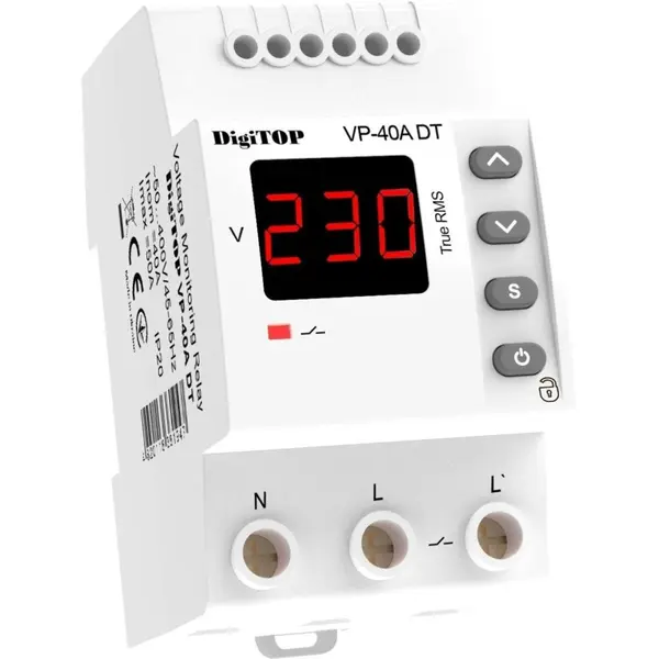 Releu protectie tensiune, monofazat, 40A, 1 secventa, 2P, 230V Digitop VP-40A DT