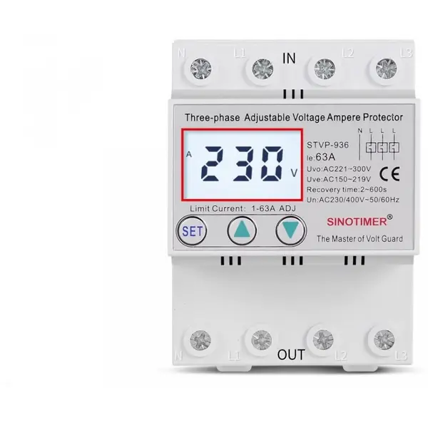 Releu TRIFAZIC siguranta digitala de protectie tensiune, Sinotimer, 380V, 1-63A, STVP-936-63A, recuperare automata