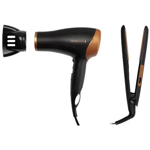 REMINGTON Set placa de indreptat parul + uscator de par Remington D3012GP invelis ceramic 2000W Negru Auriu