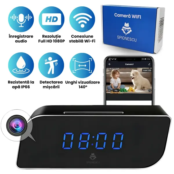 RESIGILAT - Camera spion WI-FI ascunsa in ceas desteptator, microfon incorporat, detectare miscare, rezolutie 1080P, acumulator, unghi de vizualizare 136° - Fara memorie