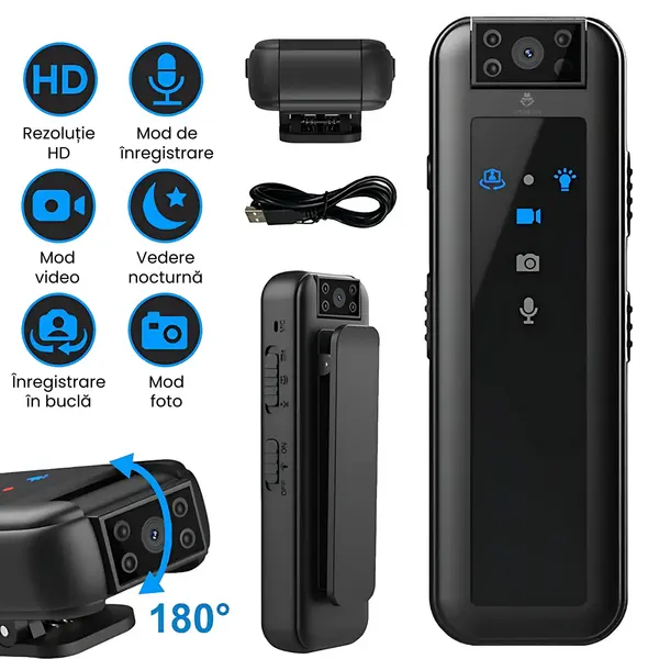 RESIGILAT - Camera video corporala, body cam full HD, 12 MP , baterie 600mAh, inregistrare continua 5 ore, rotatie camera 180°, microfon, vedere de noapte, dimensiuni reduse, negru
