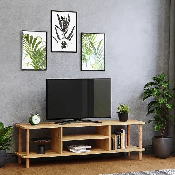 RESIGILAT - Comoda TV cu rafturi, 120 cm, model cu picioare din lemn