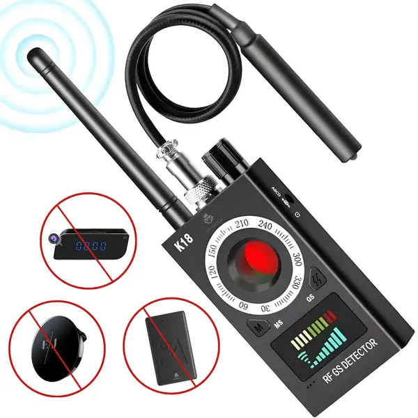 RESIGILAT - Detector dispozitive spionaj K18, camere ascunse, microfoane, localizatoare GPS, detectie RF 1MHz–6.5GHz, autonomie mare, sensibilitate reglabila, LED rosu, protectie intimitate