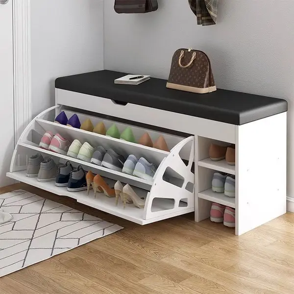 RESIGILAT - Dulap pentru pantofi tip bancheta, 100 x 30 x 51 cm, Alb/Maro/Gri