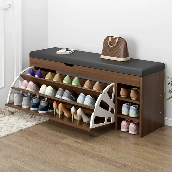 RESIGILAT - Dulap pentru pantofi tip bancheta, 100 x 30 x 51 cm, Alb/Maro/Gri