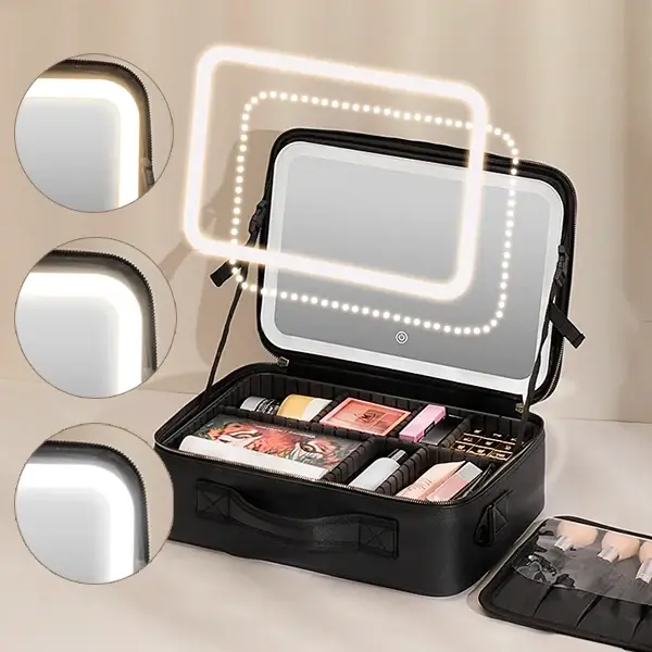 RESIGILAT - Geanta Cosmetica Pentru Make-up cu Oglinda LED cu Touch, 26x23x11 cm