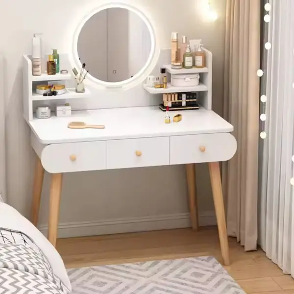 RESIGILAT - Masa toaletă cu oglindă LED tactilă, cu rafturi și sertare – MDF + lemn masiv, alb/gri, 100x120x40 cm