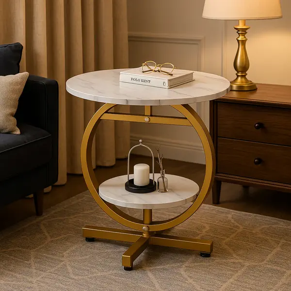 RESIGILAT - Masuta de cafea rotunda cu design tip marmura, 2 nivele de depozitare