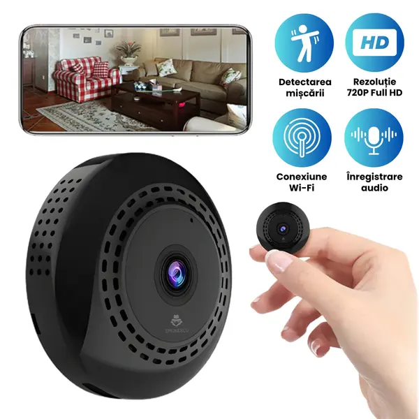 RESIGILAT - Mini camera spion C2+, WiFi, rezolutie 720P, cu vedere nocturna, detectie miscare, microfon, suport magnetic, baterie 300 mAh