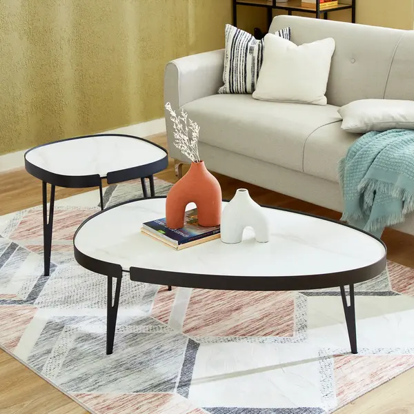 RESIGILAT - Set 2 Masute de Cafea Moderne din Piatra Sinterizata, Finisaj Lucios, Rezistente la Caldura si Pete, Design Elegant pentru Living