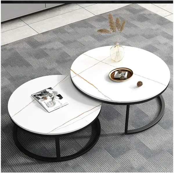 RESIGILAT - Set 2 masute rotunde de cafea cu efect de marmura, diametru 80/60 cm, blat MDF, cadru metalic