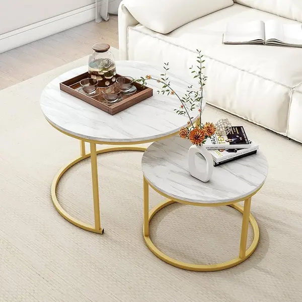 RESIGILAT - Set 2 masute rotunde de cafea cu efect de marmura, blat MDF, cadru metalic auriu, 70x45 cm si 50x38 cm