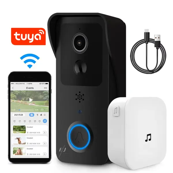 RESIGILAT - Sonerie video inteligenta WiFi 2.4G/5G, rezistenta la apa IP65, camera HD cu viziune nocturna IR, unghi 166°, detectie miscare PIR, audio bidirectional, compatibila cu aplicatia Tuya Smart, baterie 5200 mAh, negru