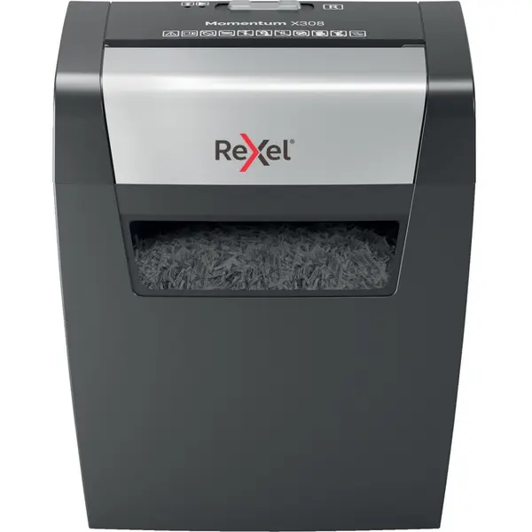 REXEL Distrugator documente manual REXEL MOMENTUM X308, P3, cross-cut (confeti), 8 coli, cos 15l, Negru