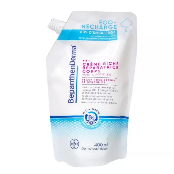 Rezerva Crema de Corp, Bepanthen Derma, Riche Reparatrice, Efect Hidratant impotriva Pielii Foarte Uscate, 400ml
