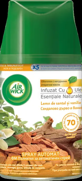 Rezerva spray odorizant automat de camera Air Wick Freshmatic, Lemn de Santal & Vanilie, 250ml