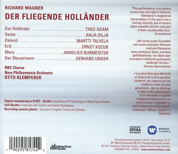 Richard Wagner: Der Fliegende Hollander | Theo Adam, Anja Silja, Martti Talvela, Gerhard Unger, Ernst Kozub, BBC Chorus, New Philharmonia Orchestra London, Otto Klemperer