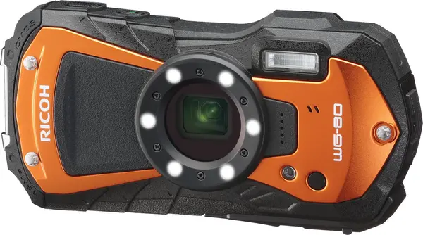 Ricoh WG-80 Orange Aparat Foto Compact Rezistent la Apa, Senzor 16 MP, Zoom Optic 5x, Subacvatic 14 m, Antisoc 1.6 m
