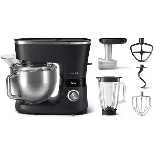 Robot de bucatarie Philips HR7962/21, seria 7000, 1000 W, 8 setari de viteza,Tehnologie ProKnead, Sistem de amestecare perfecta, carlige pentru aluat, paleta si tel, Castron de 5,5 l, Capac antistropire, Cronometru inteligent cu LED (Negru)