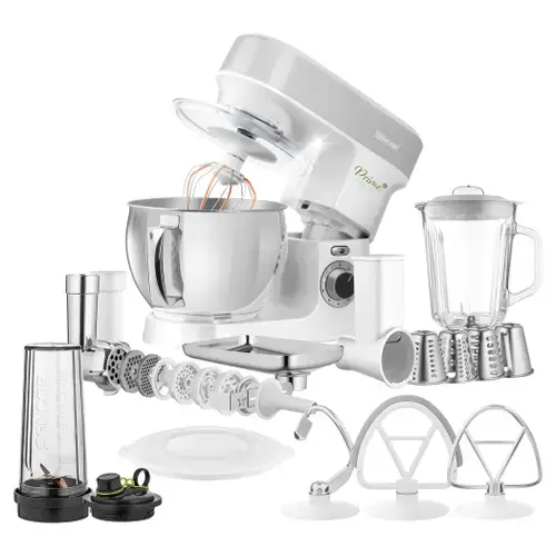 Robot de bucatarie Sencor STM3789SL, 1200 W, Bol inox 5 l, 6 viteze, Puls si 2 Programe NutriSmart, Blender, Masina de tocat (Alb/Argintiu)