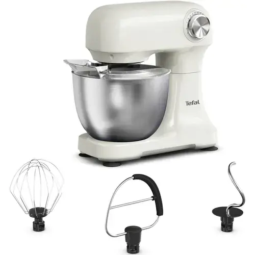 Robot de bucatarie Tefal Bake Easy QB140AF0, 500W, 12 trepte de viteza, bol 3.5L, functie Pulse, design compact, tel pentru oua, accesoriu mixat, carlig aluat, functie oprire automata (Bej)