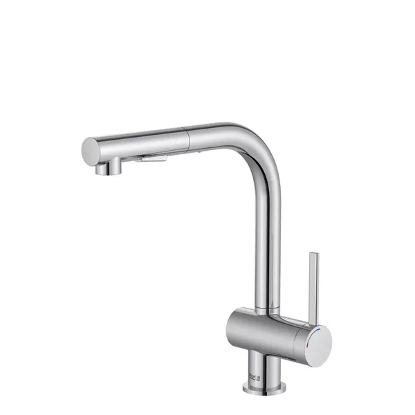 Roca Baterie sanitara bucatarie Roca, Gama Ona, pipa inalta, tip L, monocomanda, pivotanta, dus extractabil, 2 functii, crom