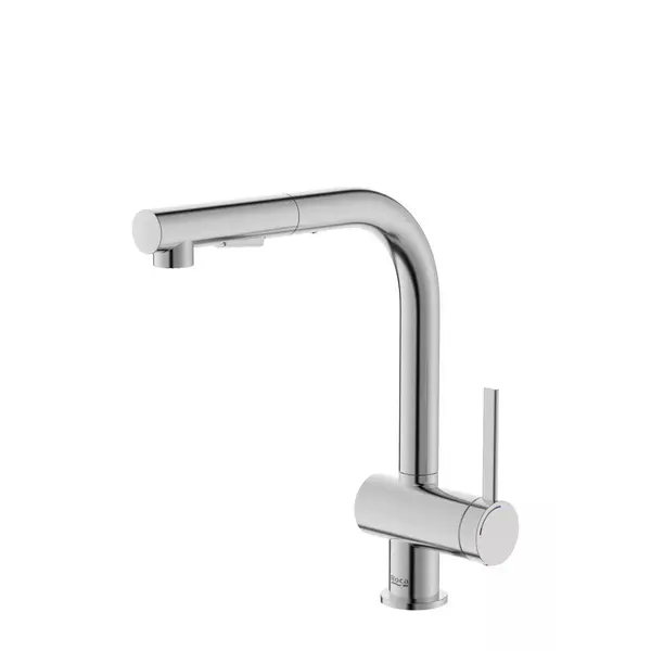 Roca Baterie sanitara bucatarie Roca, Gama Ona, pipa inalta, tip L, monocomanda, pivotanta, dus extractabil, 2 functii, crom mat