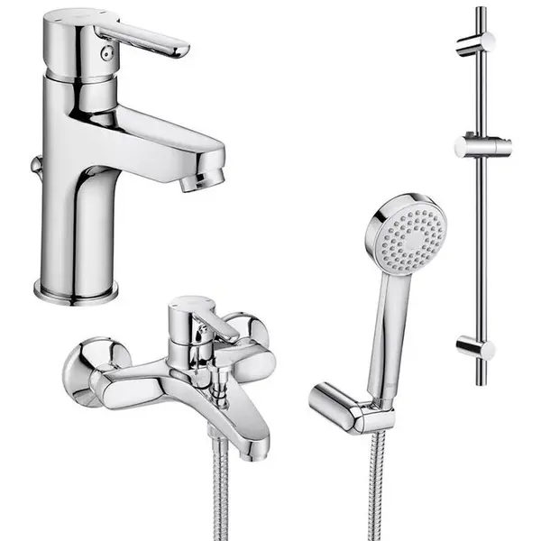 Roca Set 3 in 1 Roca Arola, baterie cada, baterie lavoar, para de dus, furtun de dus, bara de dus, crom