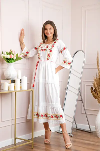 Rochie alba cu motiv floral rosu Corina 02