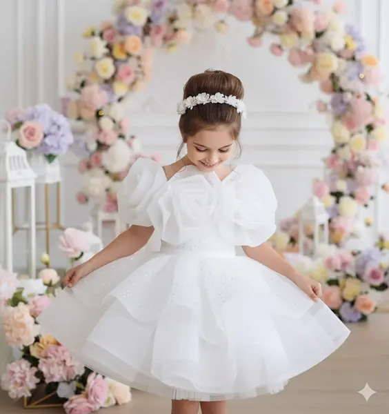 Rochie alba din broderie cu paiete si perle pentru fete - Dakota