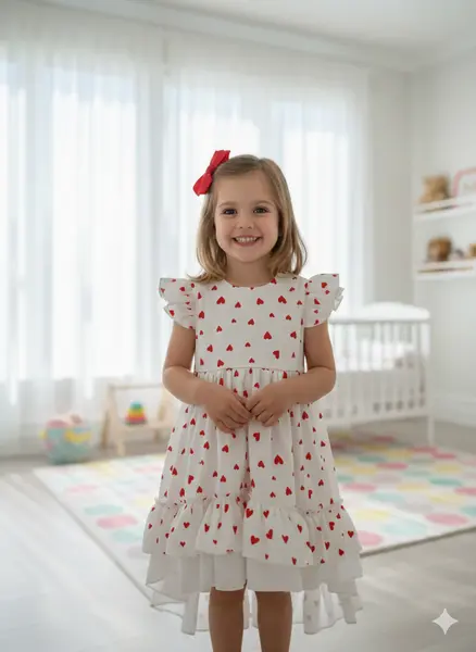 Rochie alba din bumbac cu inimioare pentru fete - Mila