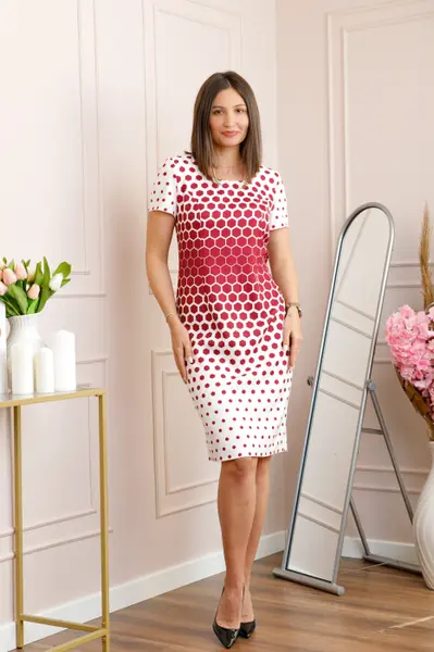 Rochie alba eleganta cu imprimeu geometric rosu Lyra