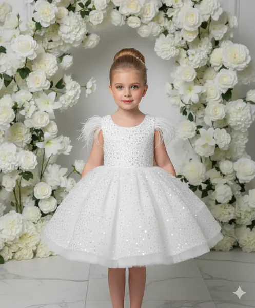 Rochie alba eleganta din dantela cu perle si paiete pentru fete - Nicole