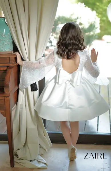 Rochie alba eleganta din dantela si tafta cu maneci evazate pentru fete - 6 ani - LIVRARE 24H